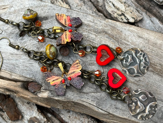 Red Heart Butterfly Charmed Earrings