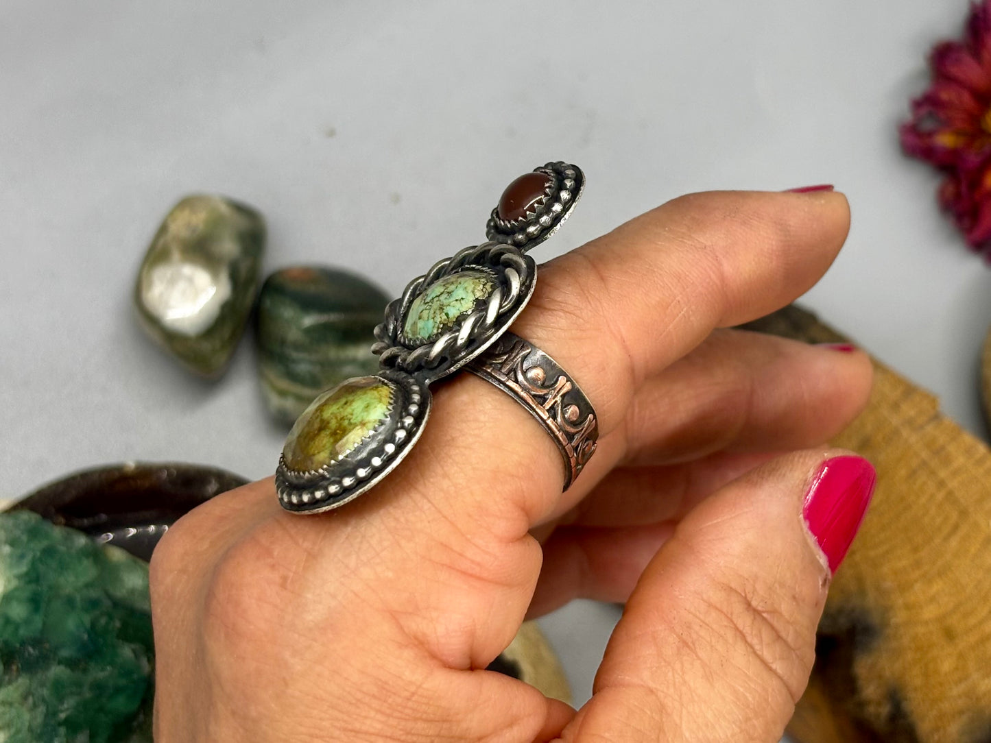 Sterling Silver Copper Hubei Turquoise Carnelian Adjustable Ring # Z