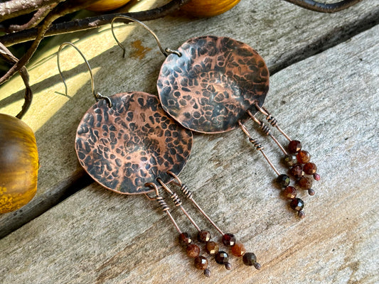 Copper Silver Garnet Disc Earrings