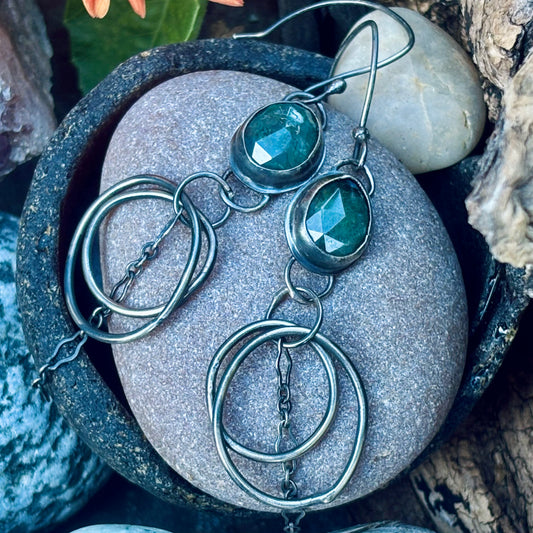 Sterling Silver Moss Agate Chain Hoop Earrings