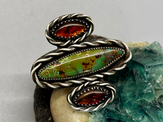 Sterling Silver Bamboo Mountain Turquoise Baltic Amber Adjustable Ring