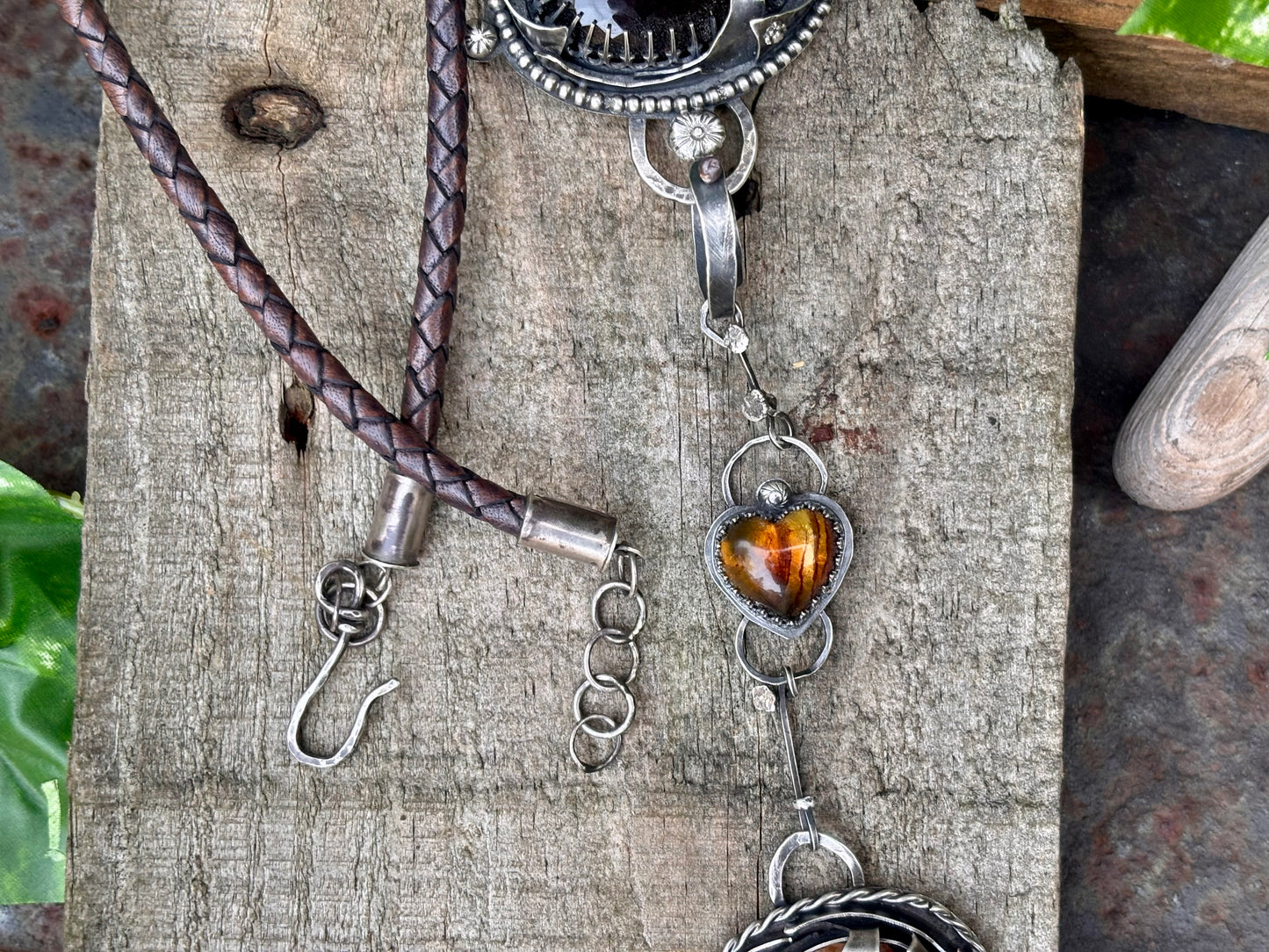 Sterling Silver Smokey Quartz Citrine Amber heart  Choker Necklace