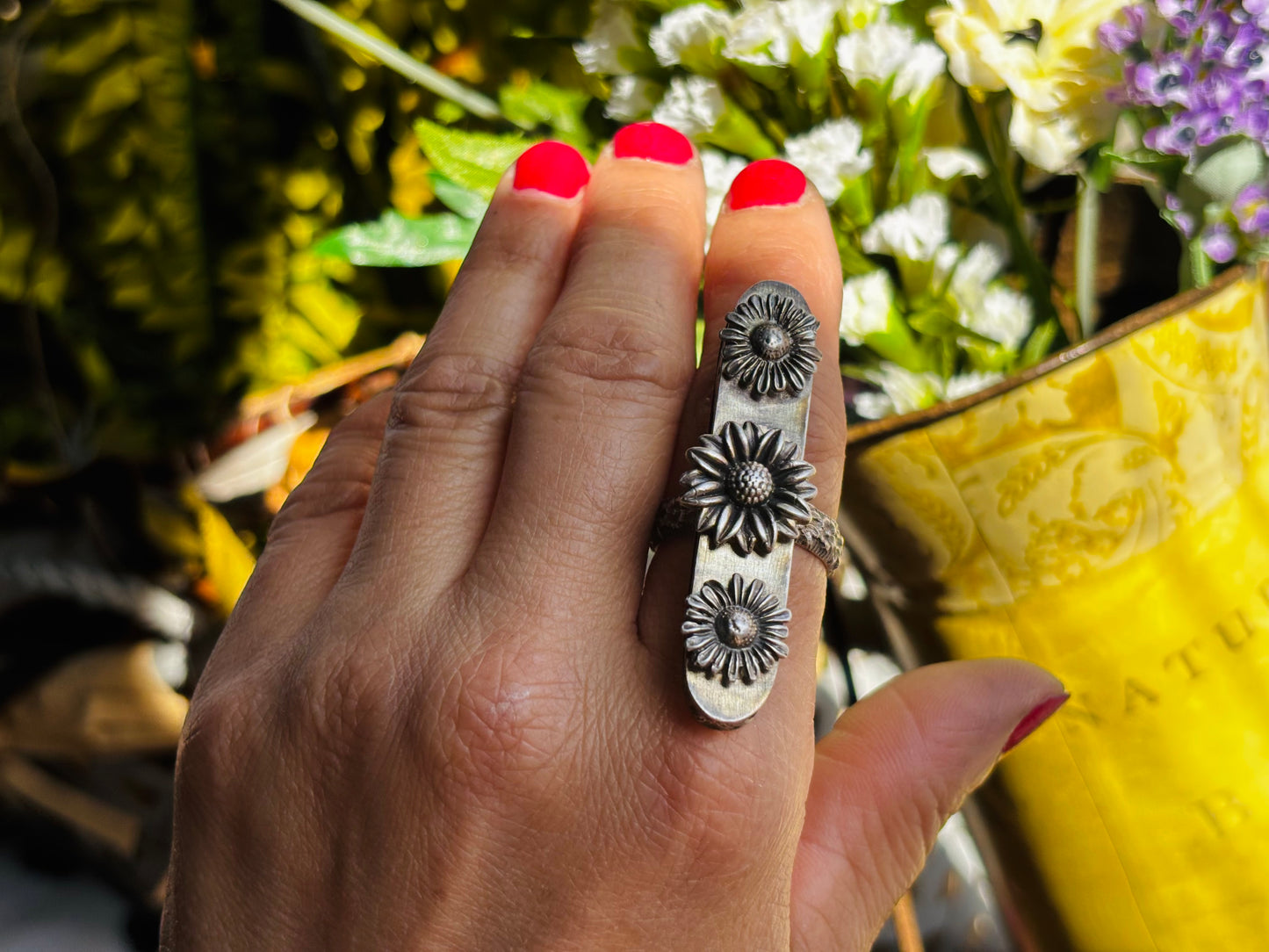 Sterling Silver Sunflower Hollow Box Form Shaker Adjustable Ring