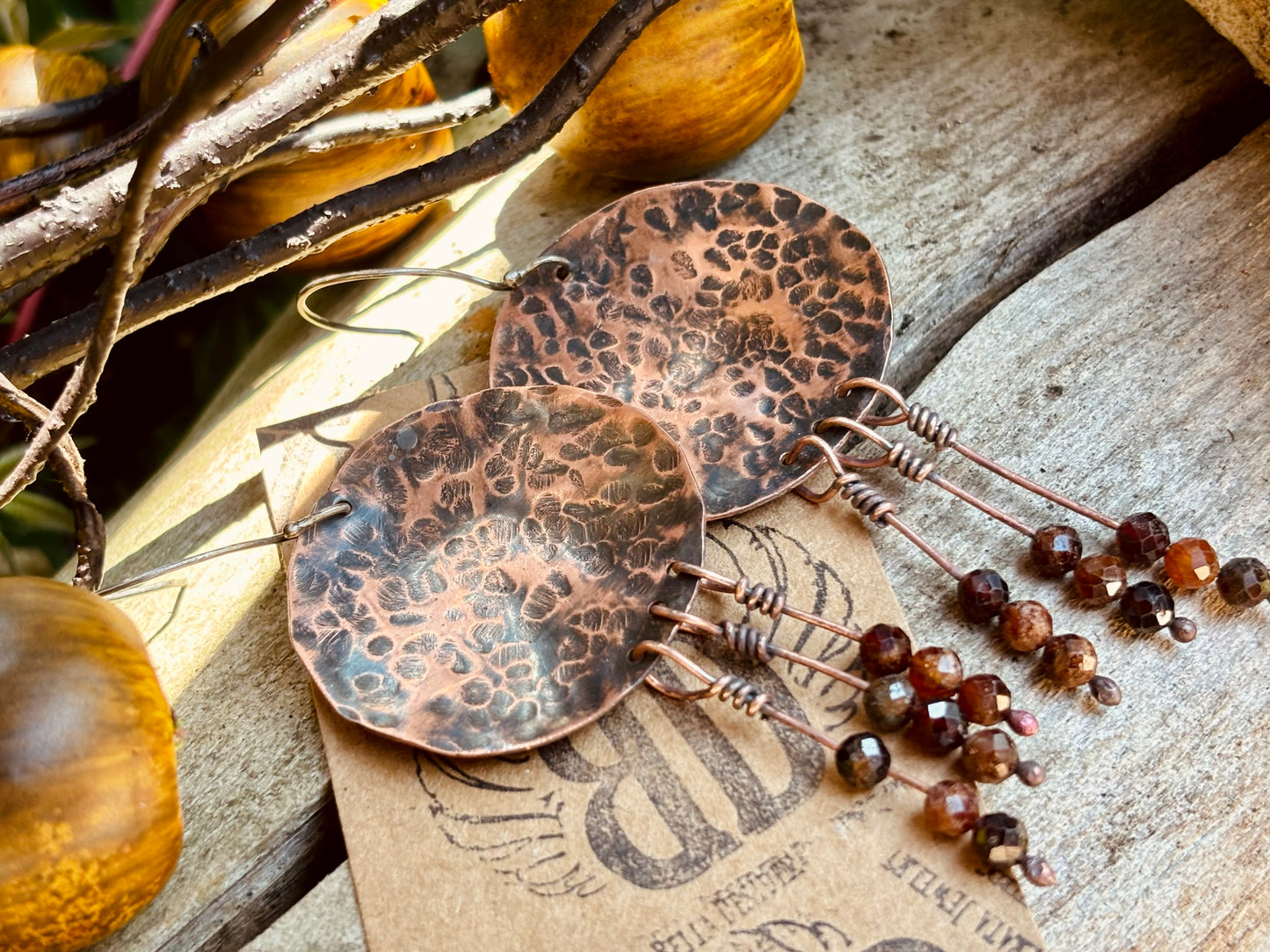 Copper Silver Garnet Disc Earrings