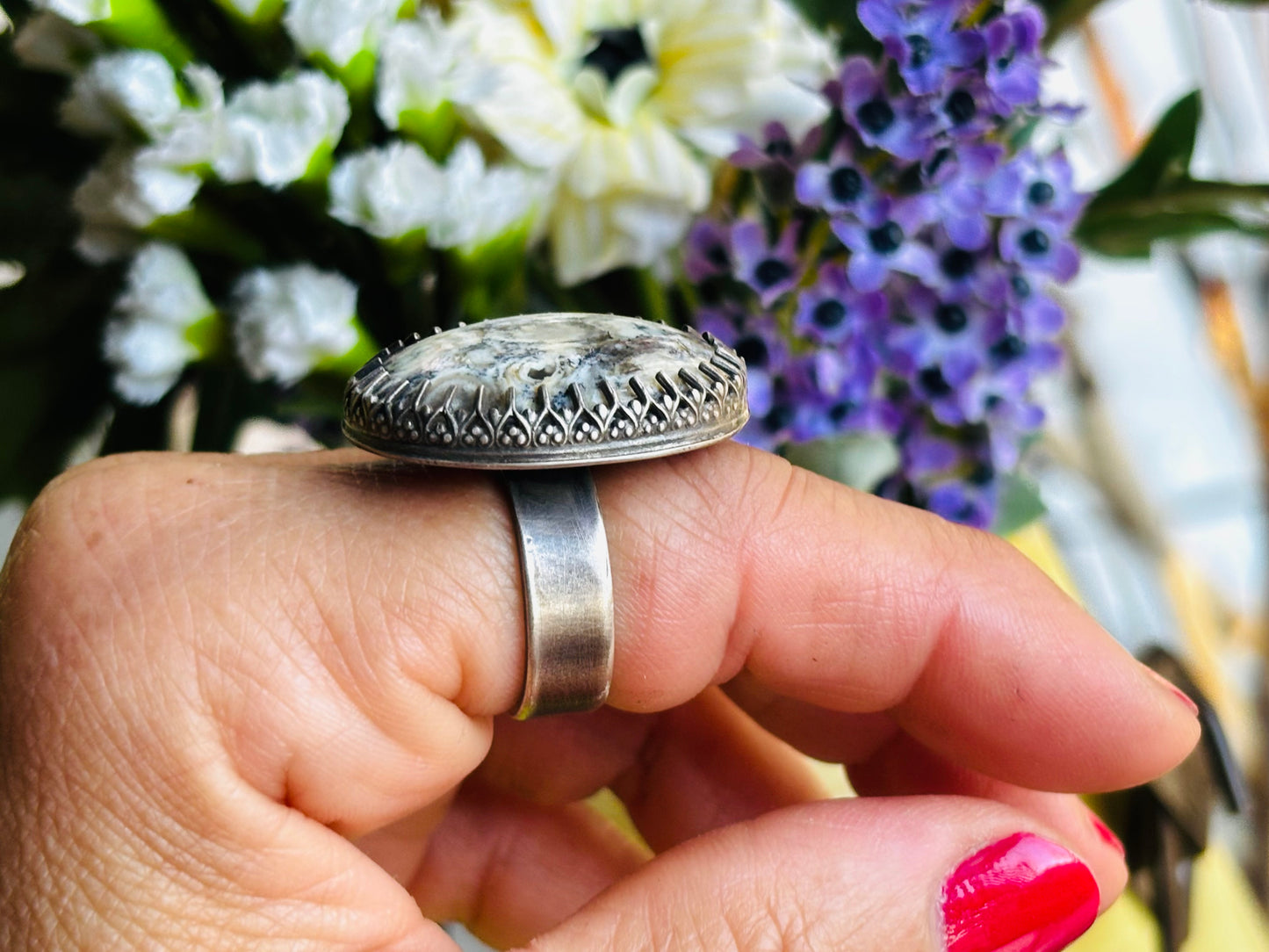 Sterling Silver Crazy Lace Agate Adjustable Ring