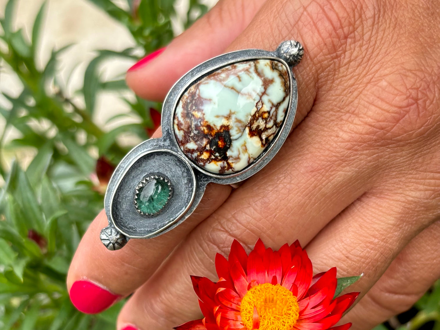 Sterling Silver Aloe Variscite Green Tourmaline Adjustable Ring