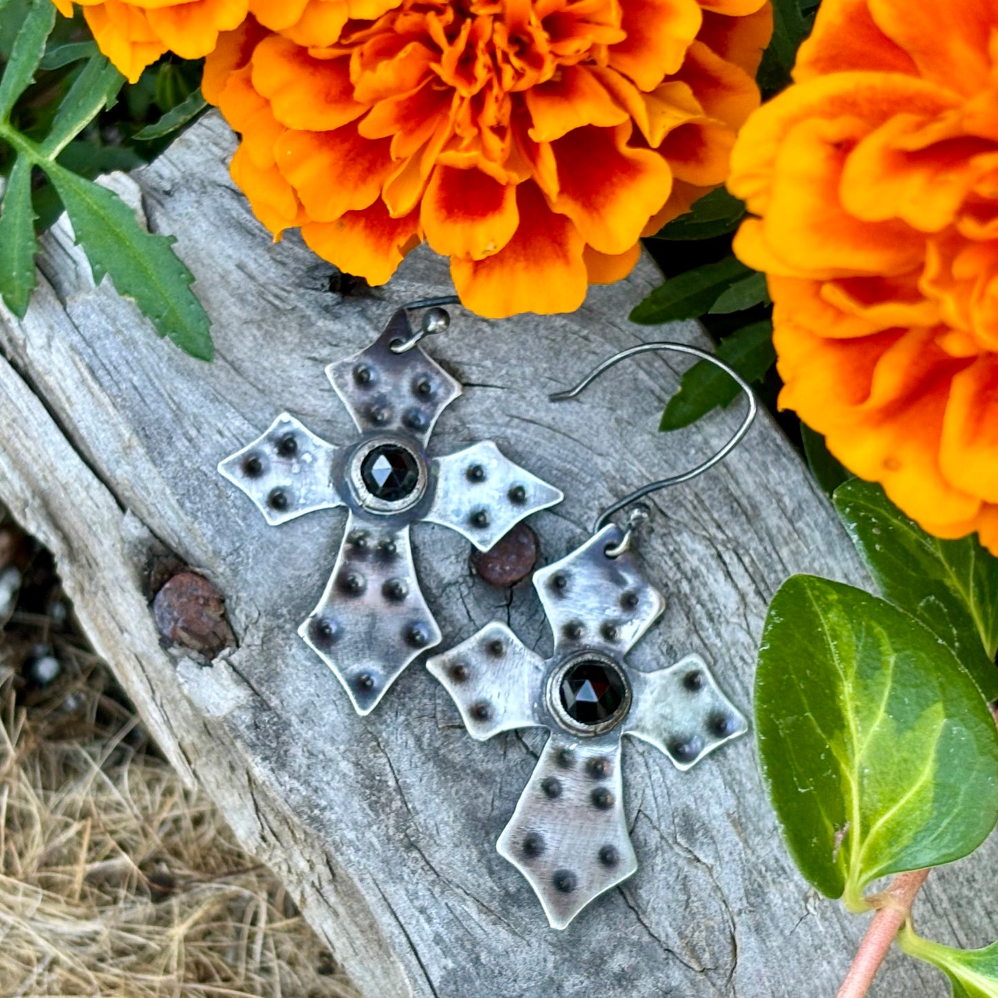 Sterling Silver Black Spinel Cross Earrings