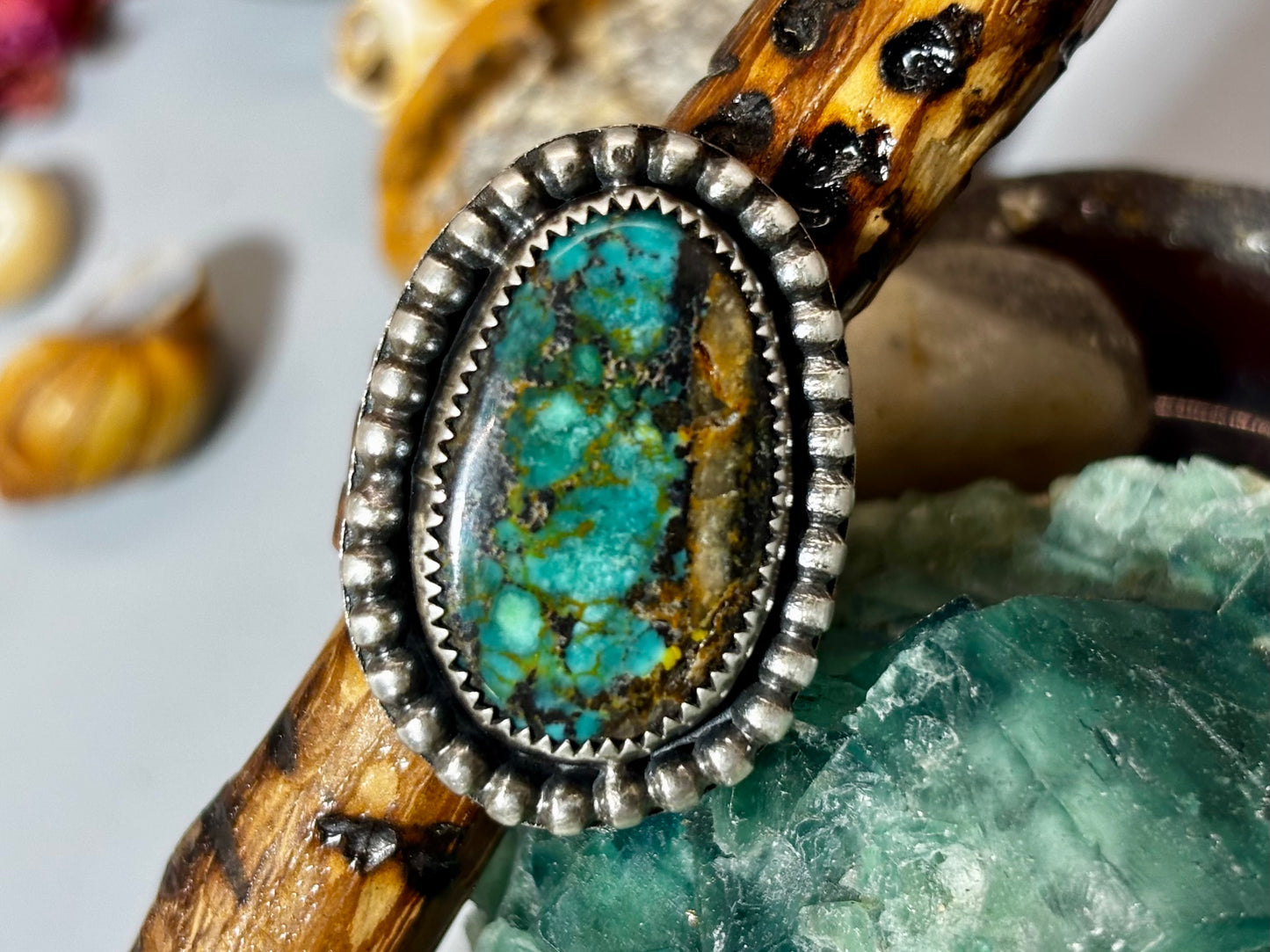 Sterling Silver  Copper Hubei Turquoise Adjustable Ring