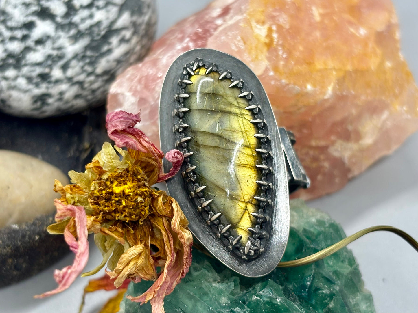 Oblong Labradorite Sterling Silver Hollow Box Form Adjustable Ring