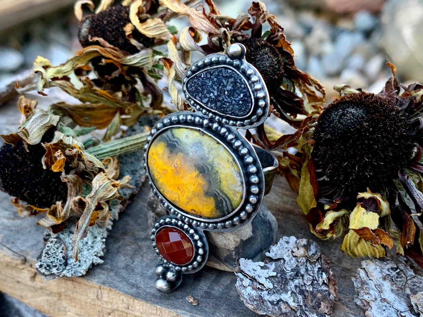 Bumblebee Jasper Faceted Carnelian and Black Druzy Adjustable Ring