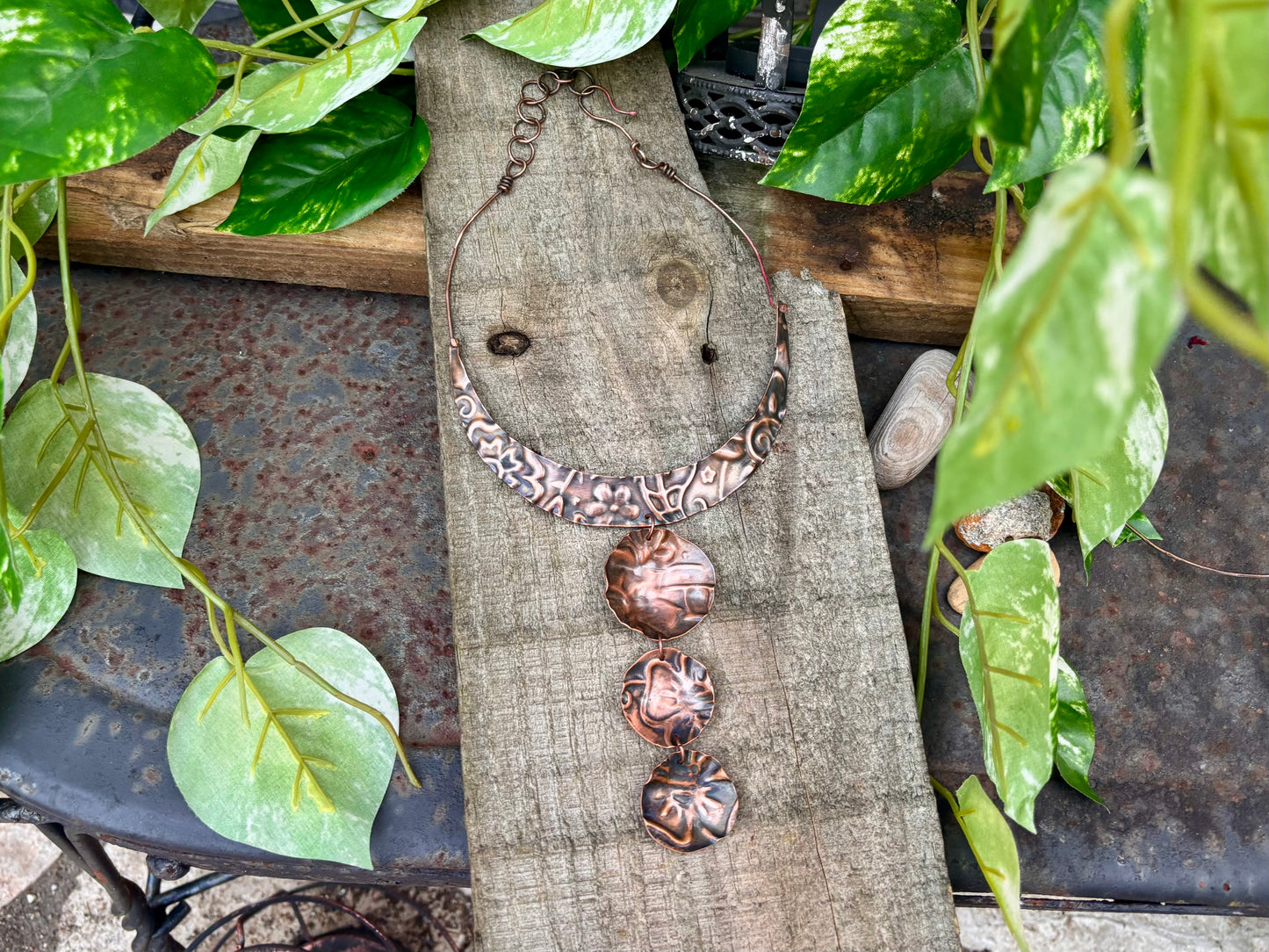 Copper Floral Stamped Formed Disk Choker Necklace