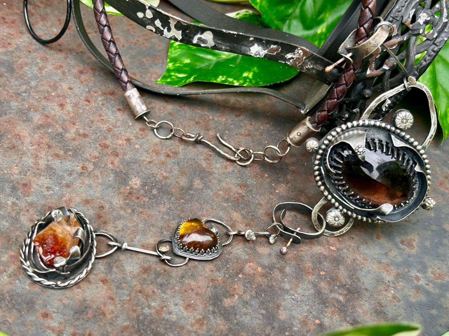 Sterling Silver Smokey Quartz Citrine Amber heart  Choker Necklace