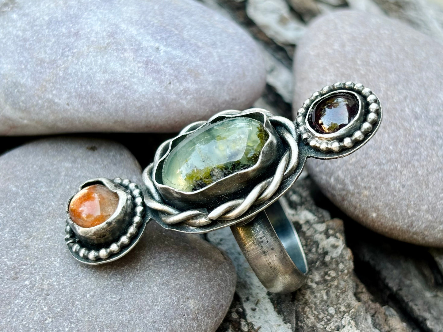 Sterling Silver Garnet Prehnite Sunstone Custom Adjustable Ring