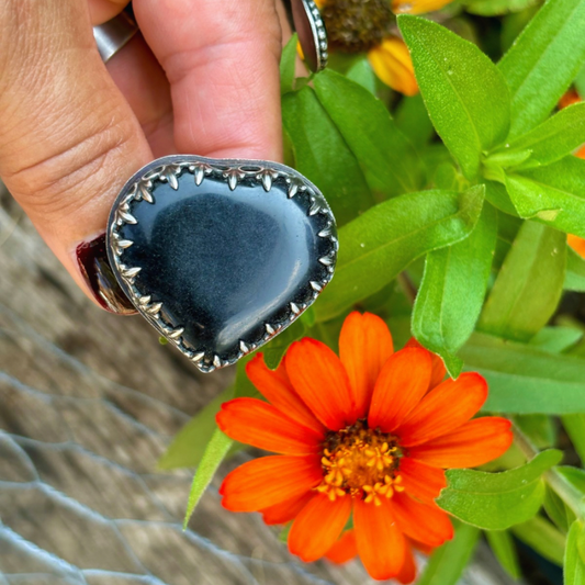 Sterling Silver Black Obsidian Fancy Heart Adjustable Ring #3