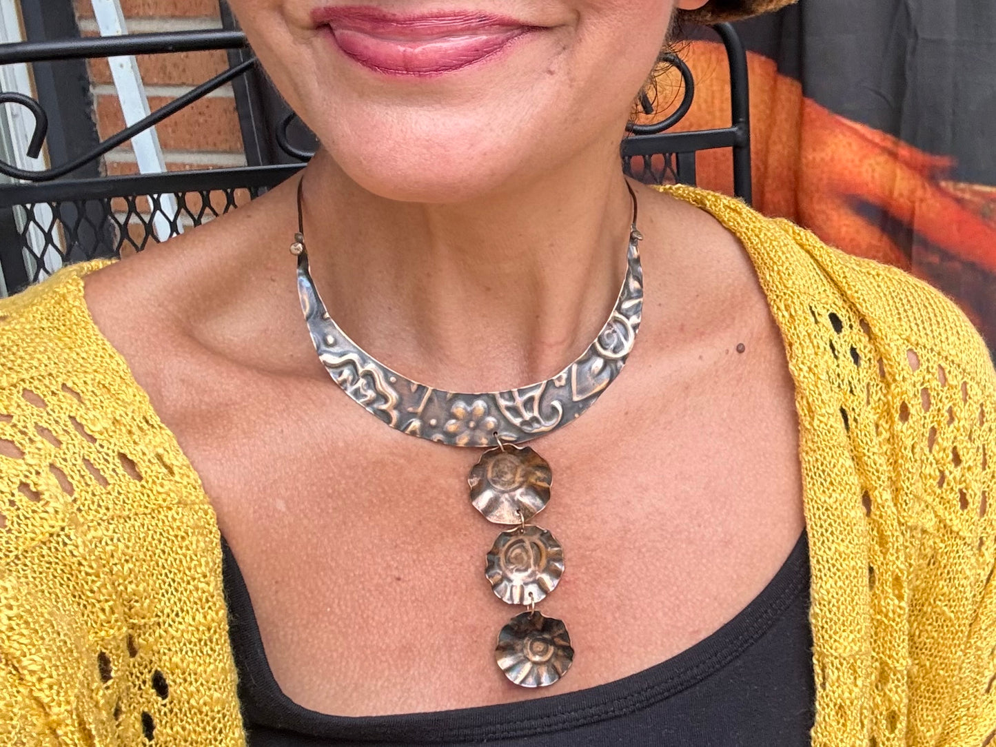 Bronze Floral Stamped Formed Disk Choker Necklace