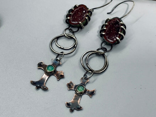 Sterling Silver Copper Chrysoprase Tabasco Geode Cross Earrings