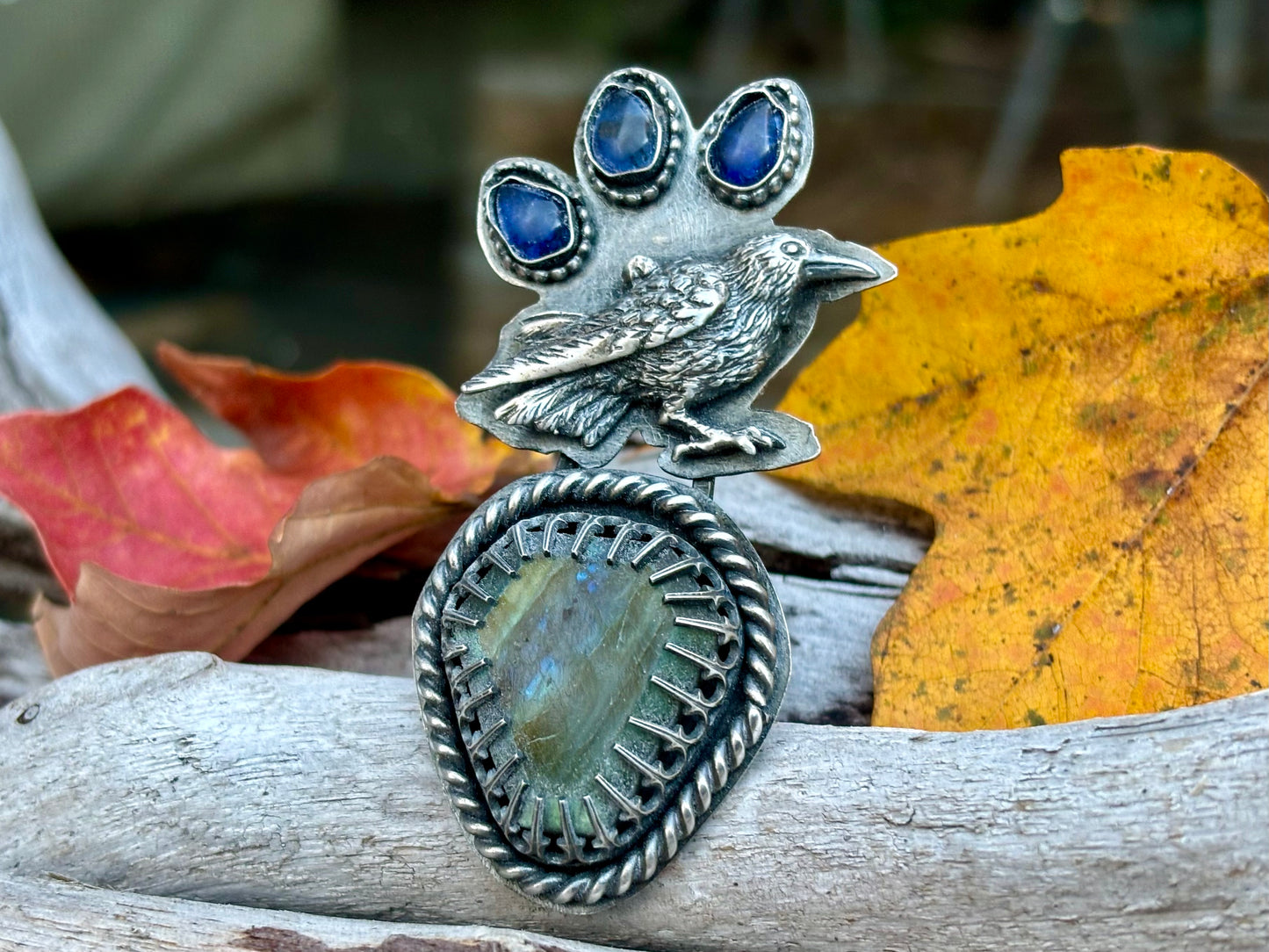 Halloween Black Crow Sterling Silver Labradorite Kayanite Ring