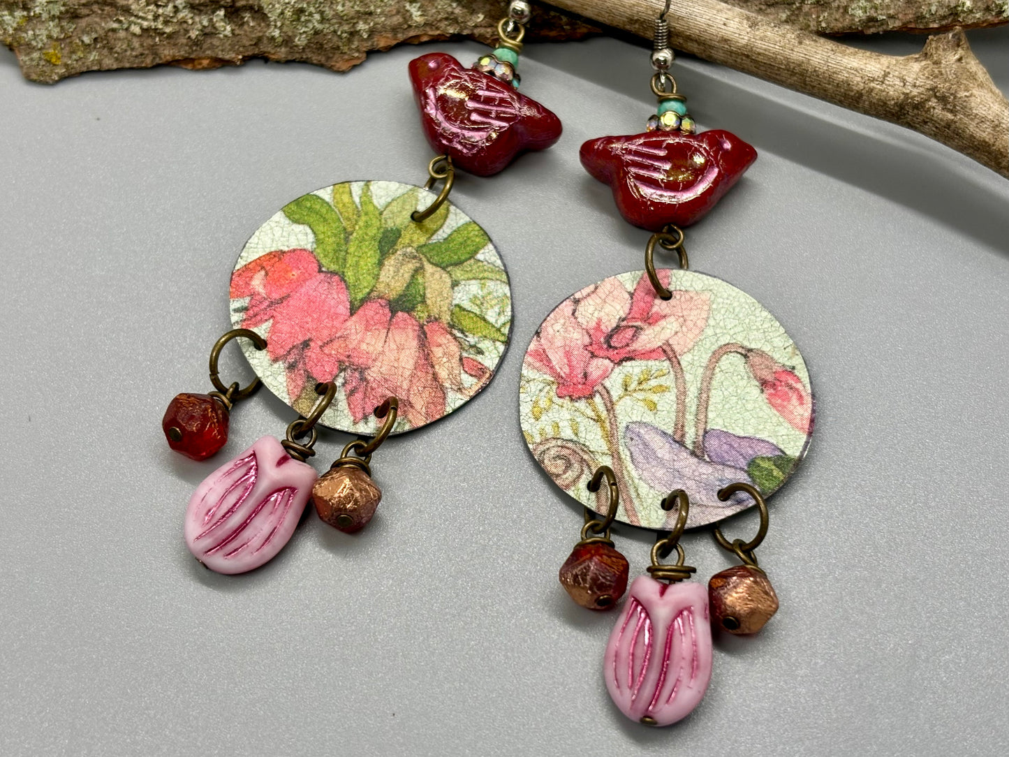 Pink Birdie Floral Dangle Earrings