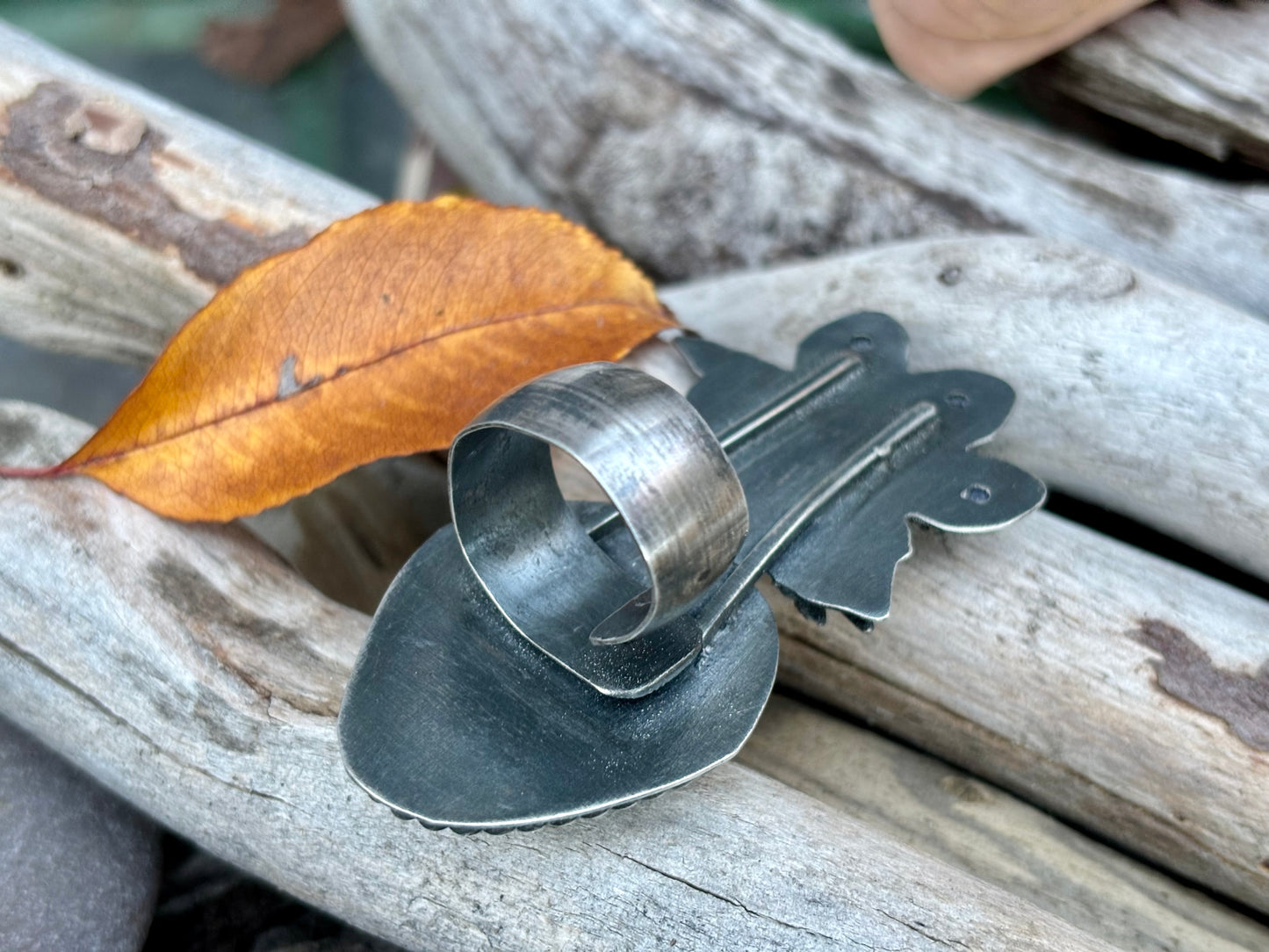 Halloween Black Crow Sterling Silver Labradorite Kayanite Ring