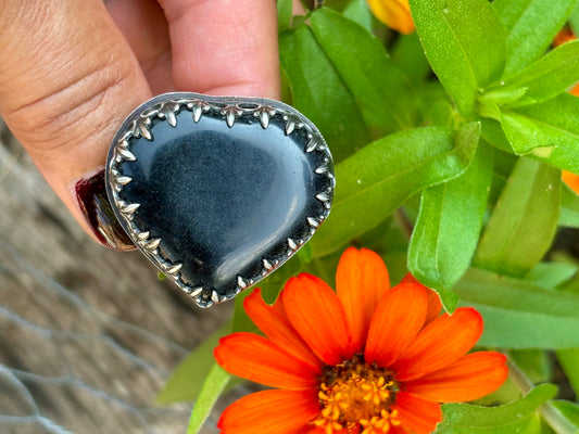 Sterling Silver Black Obsidian Fancy Heart Adjustable Ring #3