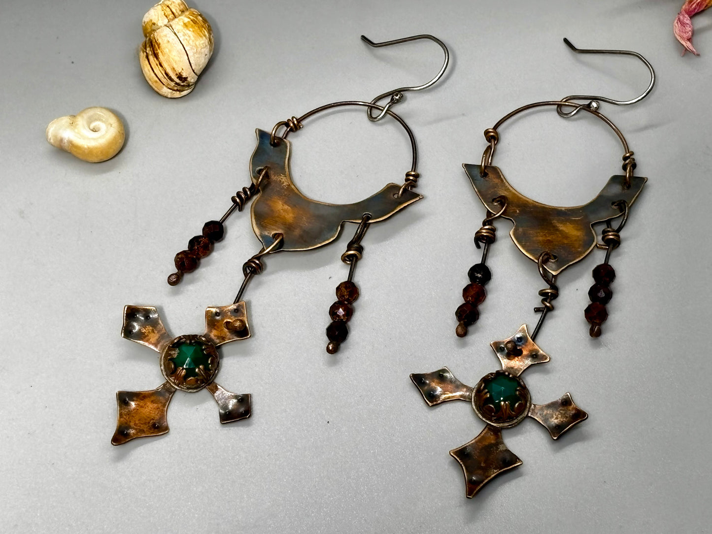 Green Chalcedony Garnet Cross Chandelier Earrings