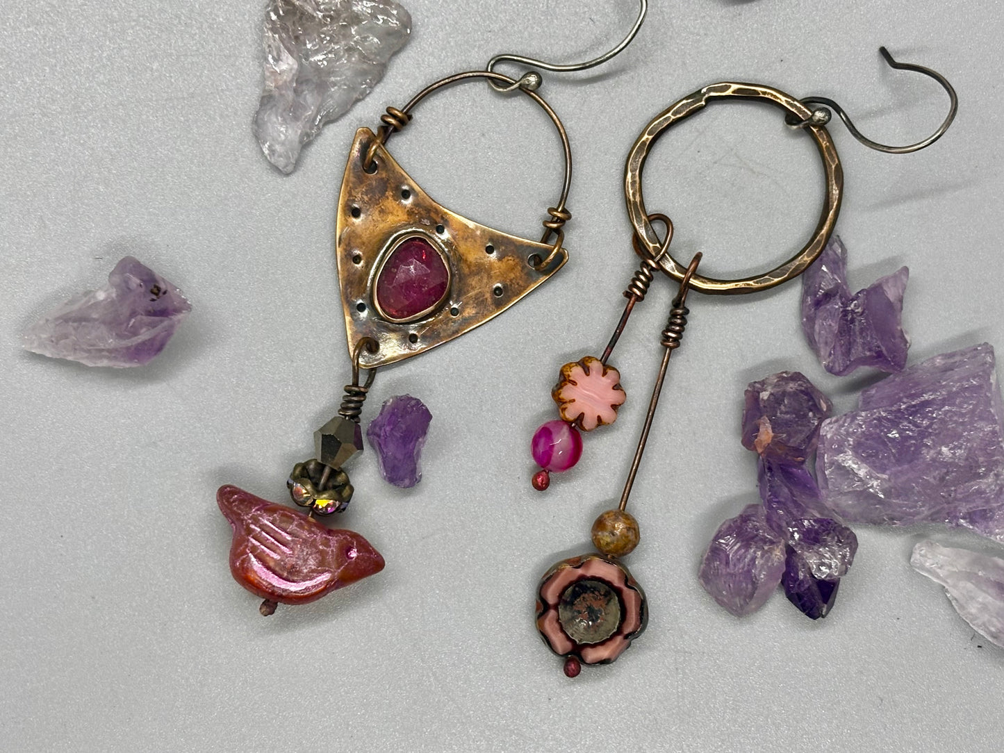 Asymmetrical Pink Birdie Beaded Earrings