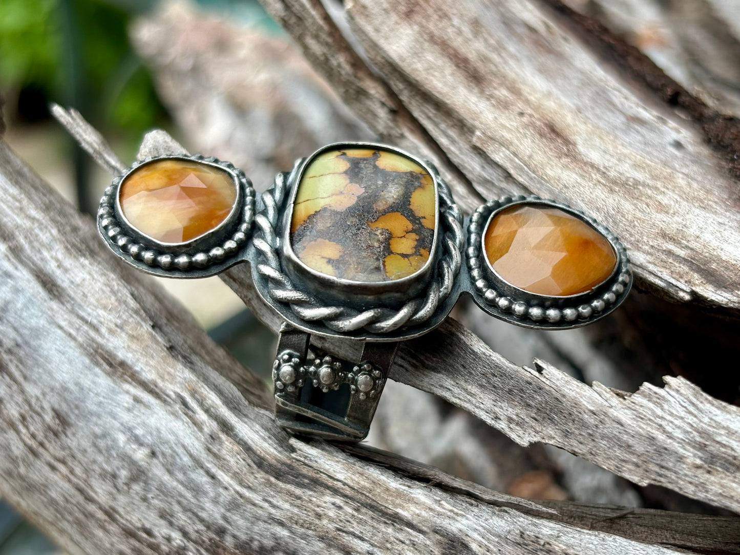 Sterling Silver Bamboo Mountain Turquoise Rutile Quartz Adjustable Ring