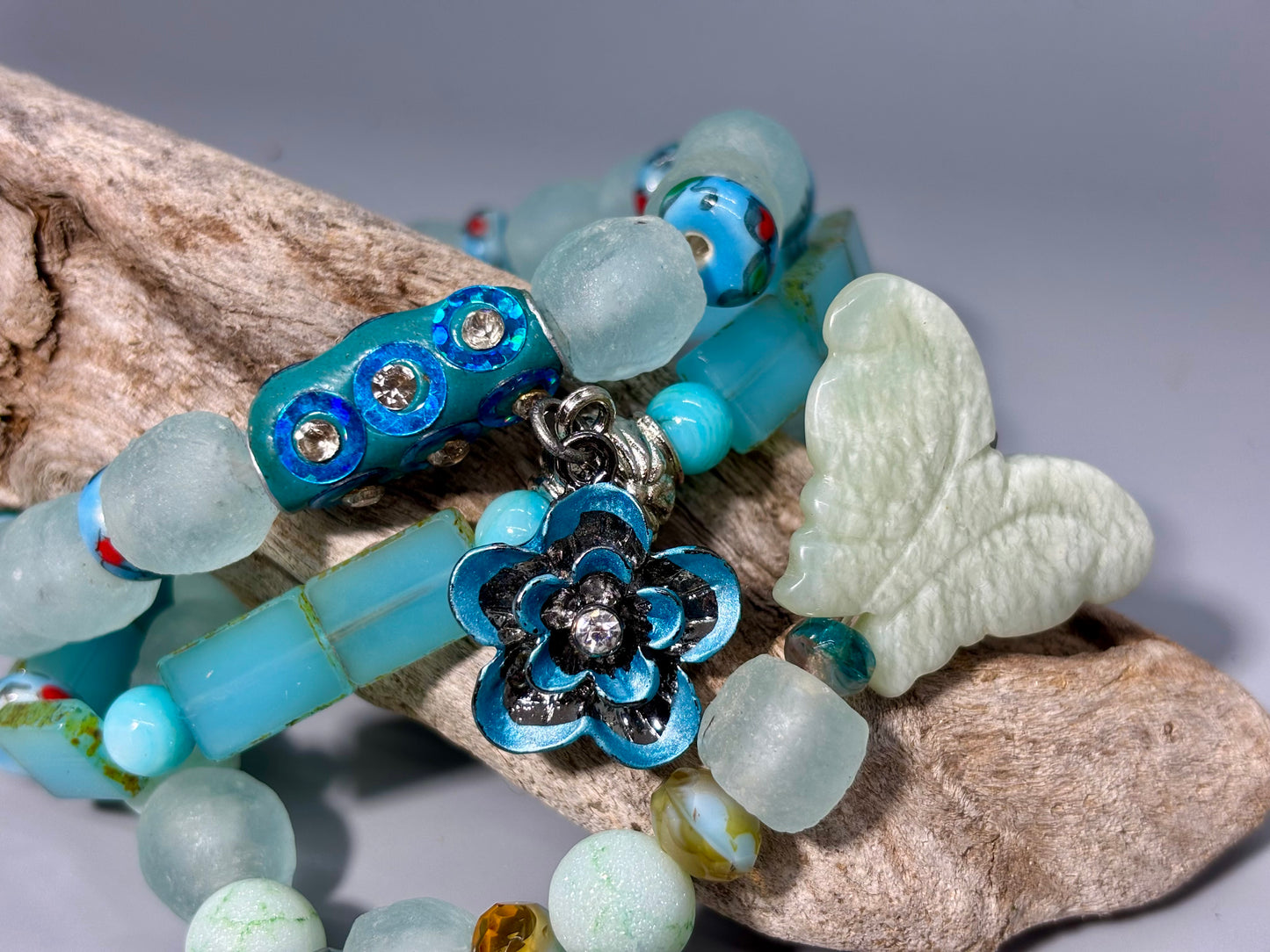 Boho Blue Butterfly Floral Stretch Bracelets Set