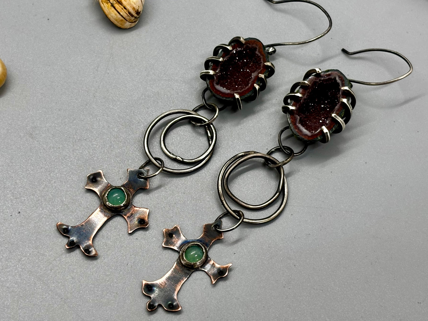 Sterling Silver Copper Chrysoprase Tabasco Geode Cross Earrings
