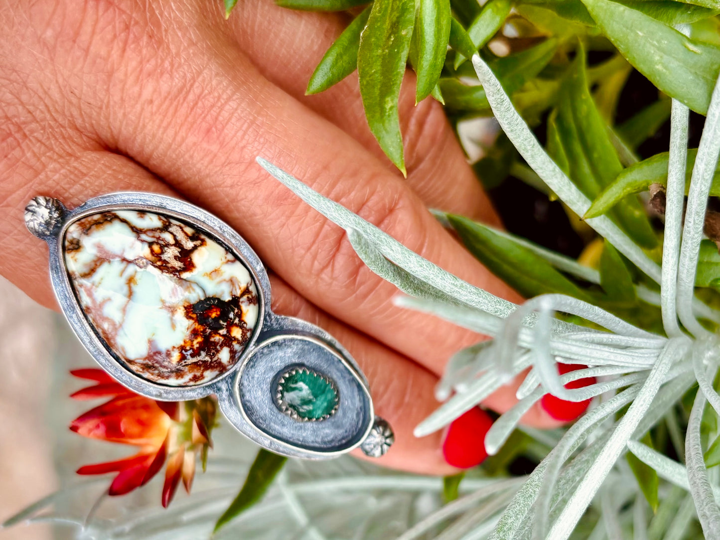 Sterling Silver Aloe Variscite Green Tourmaline Adjustable Ring