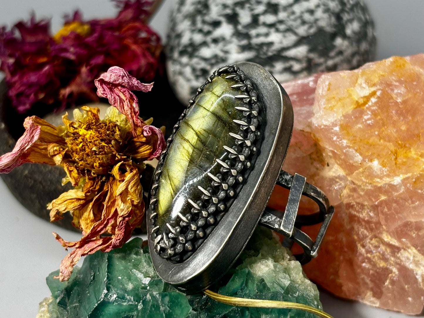 Oblong Labradorite Sterling Silver Hollow Box Form Adjustable Ring