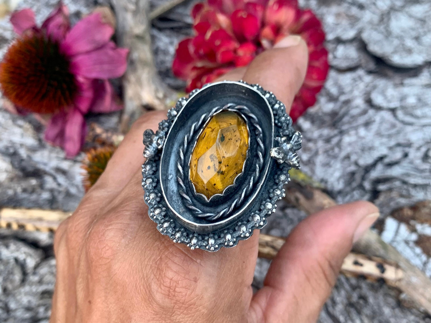 Amber & Bee Sterling Silver Shadow Box Ring