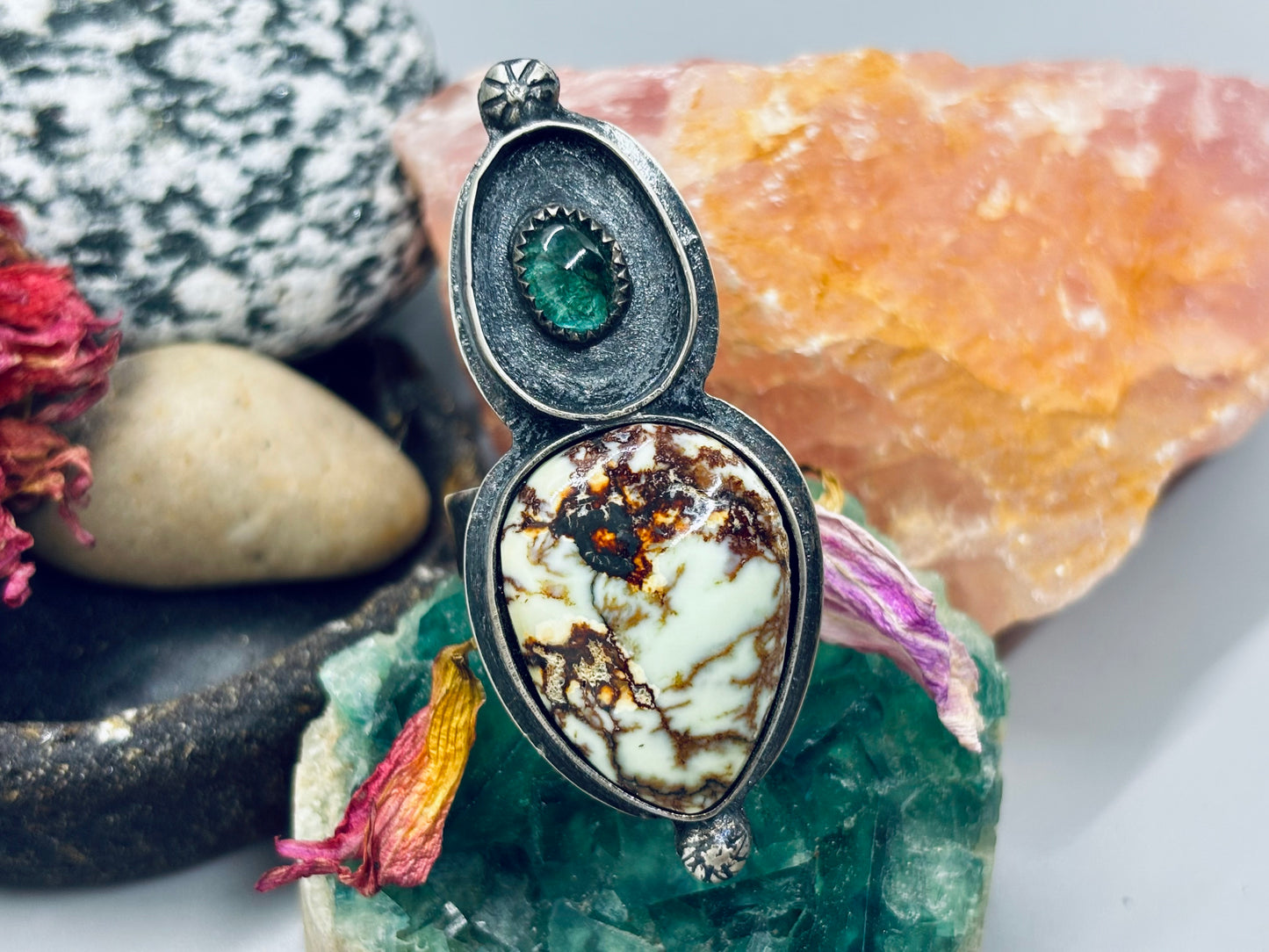 Sterling Silver Aloe Variscite Green Tourmaline Adjustable Ring