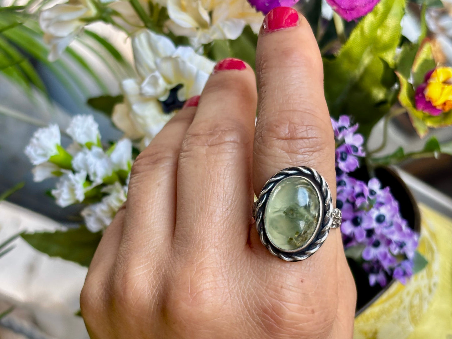 Sterling Silver Prehnite Adjustable Ring