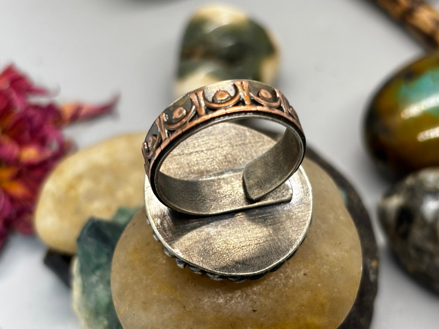 Sterling Silver Copper Hubei Turquoise Adjustable Ring (B)