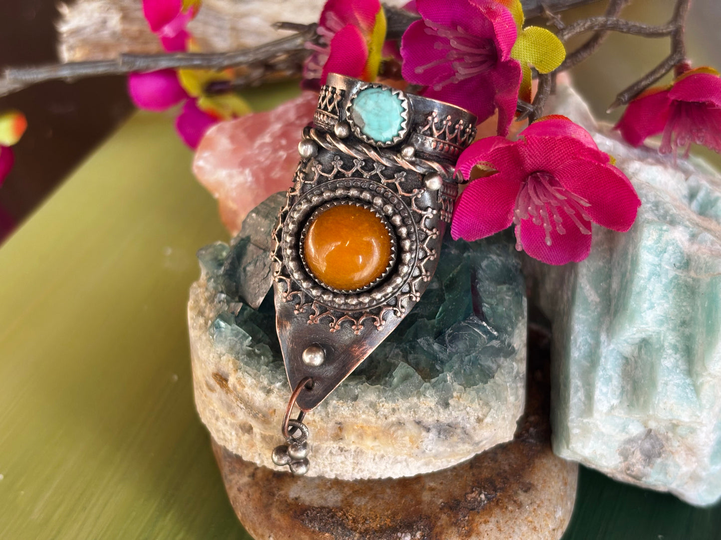 Copper Silver Yellow Jade and Hubei Turquoise Adjustable Ring.