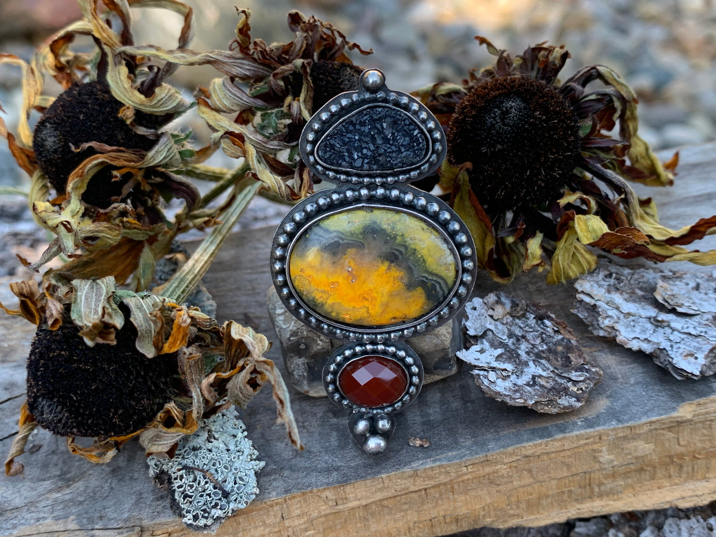 Bumblebee Jasper Faceted Carnelian and Black Druzy Adjustable Ring