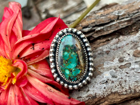 Sterling Silver  Copper Hubei Turquoise Adjustable Ring