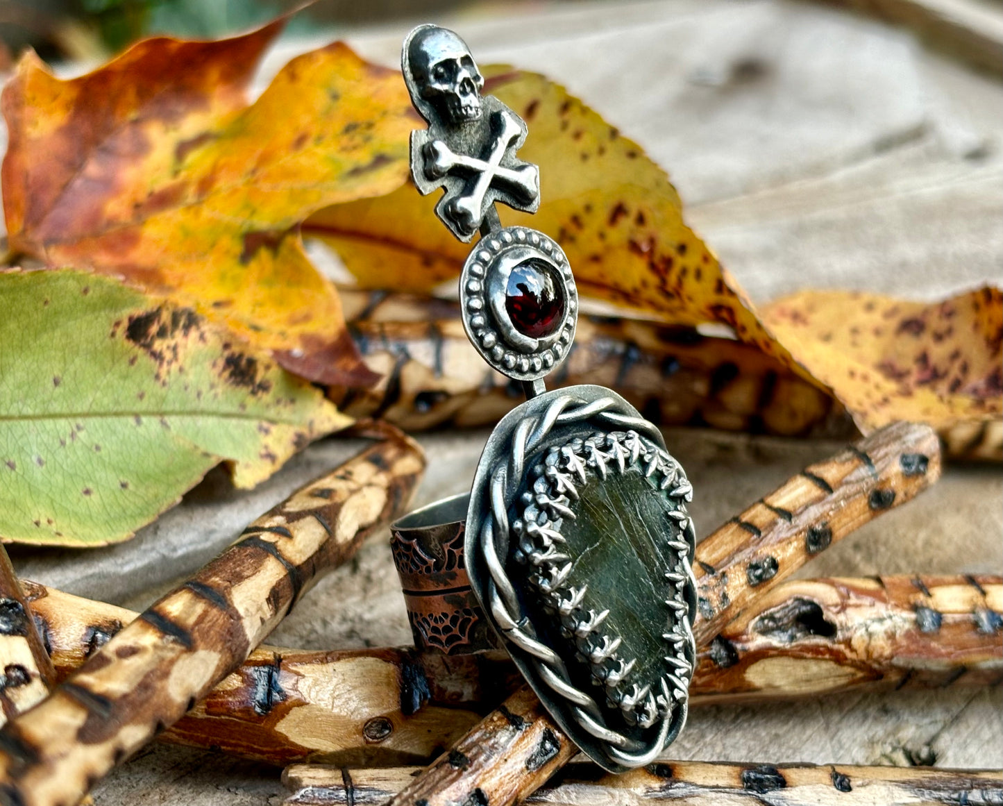 Halloween Sterling Silver with Copper Webbed Band Skull Crossbones Labradorite Garnet Ring