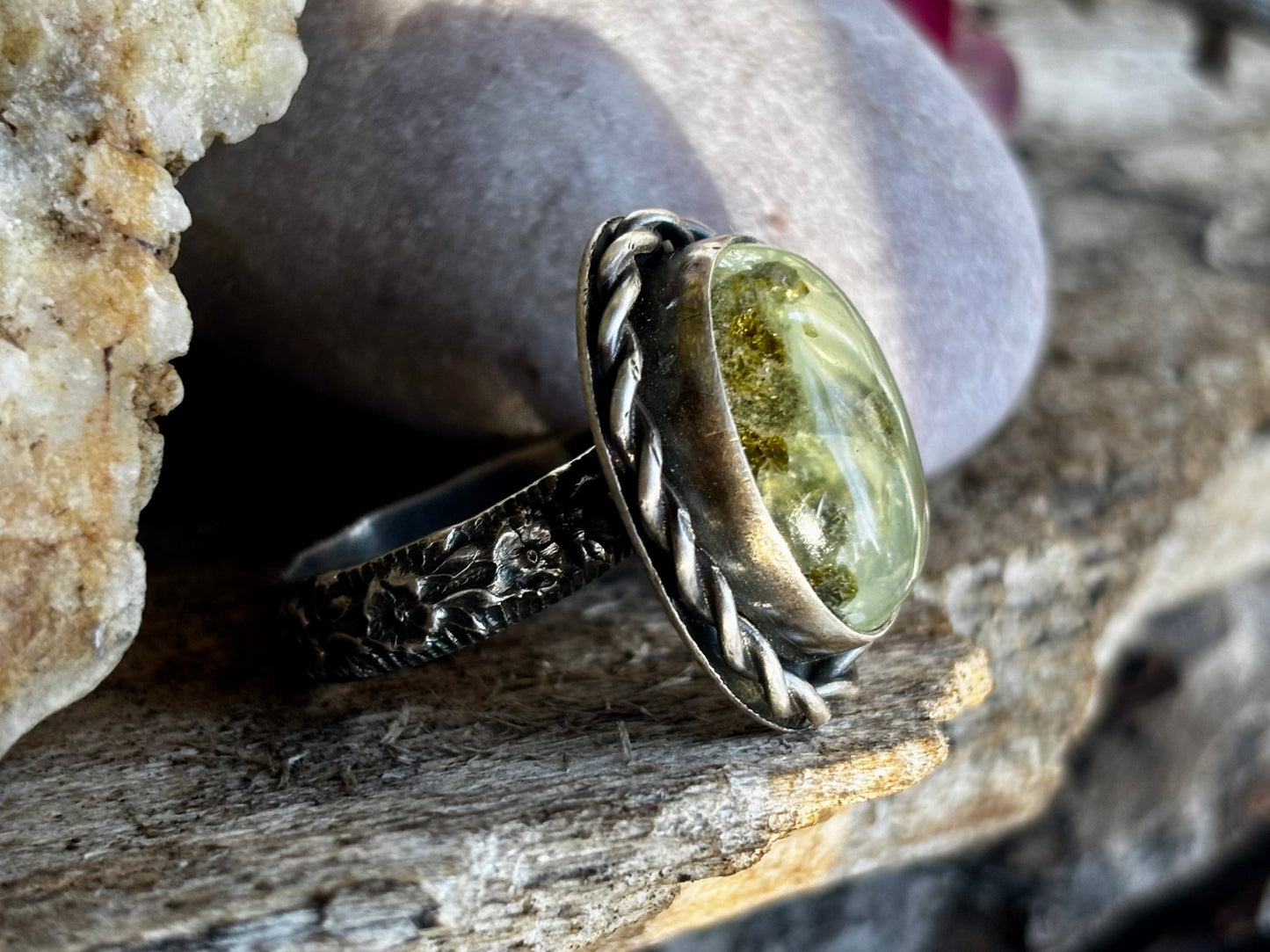 Sterling Silver Prehnite Adjustable Ring