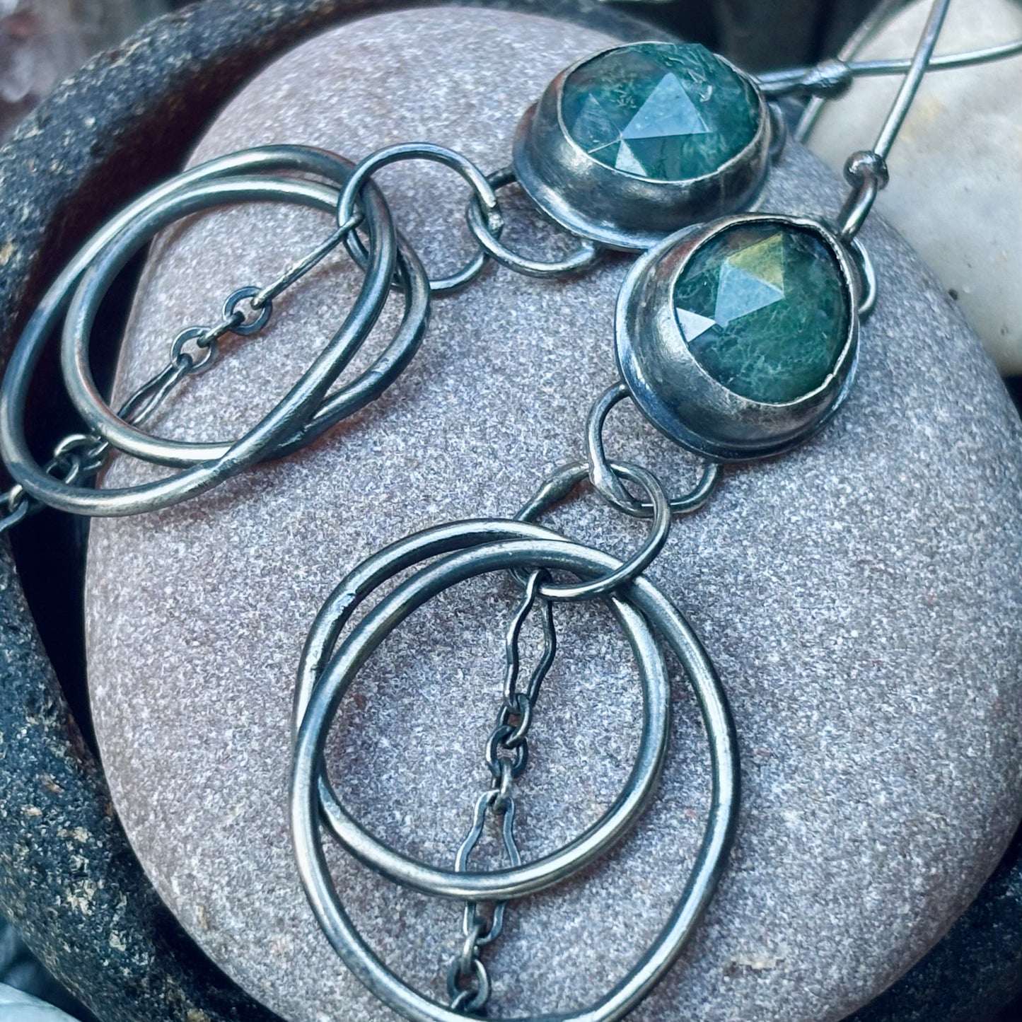 Sterling Silver Moss Agate Chain Hoop Earrings