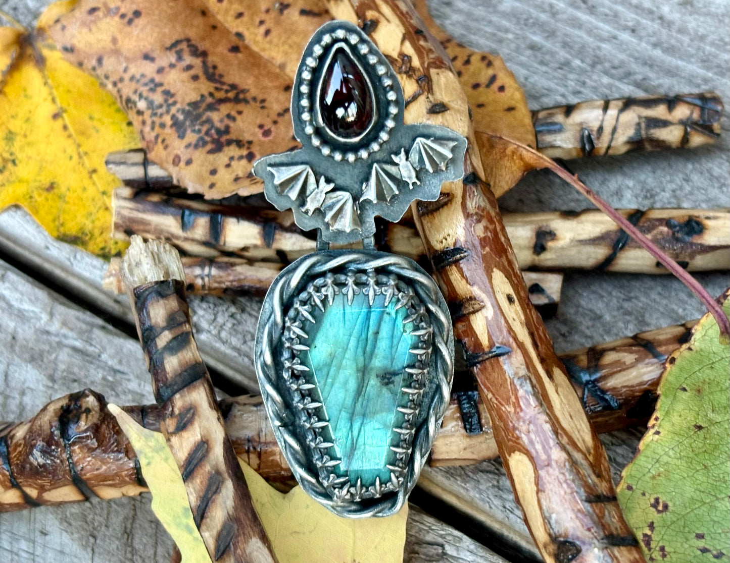 Halloween 2 Bats Sterling Silver Labradorite Garnet Ring