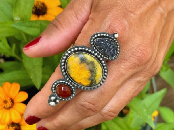 Bumblebee Jasper Faceted Carnelian and Black Druzy Adjustable Ring