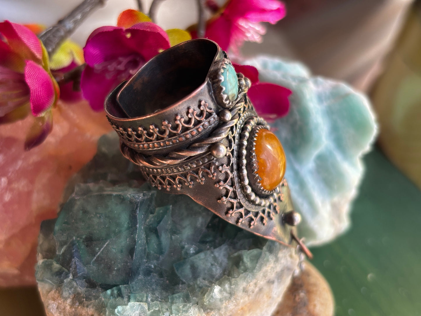 Copper Silver Yellow Jade and Hubei Turquoise Adjustable Ring.