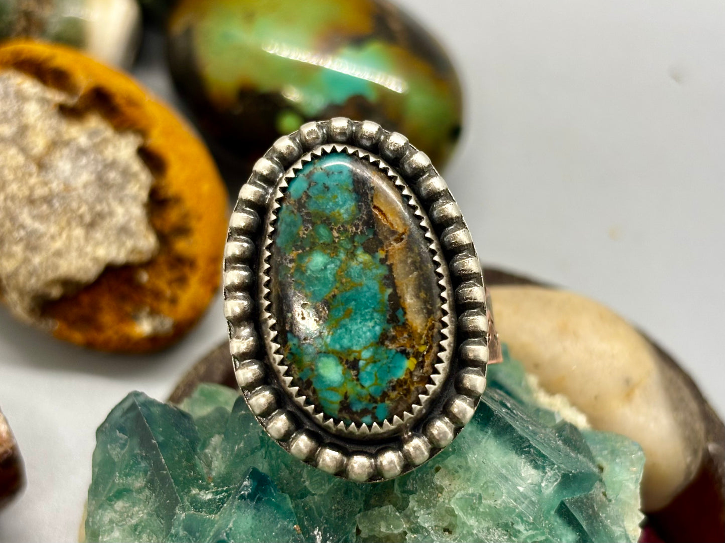Sterling Silver  Copper Hubei Turquoise Adjustable Ring