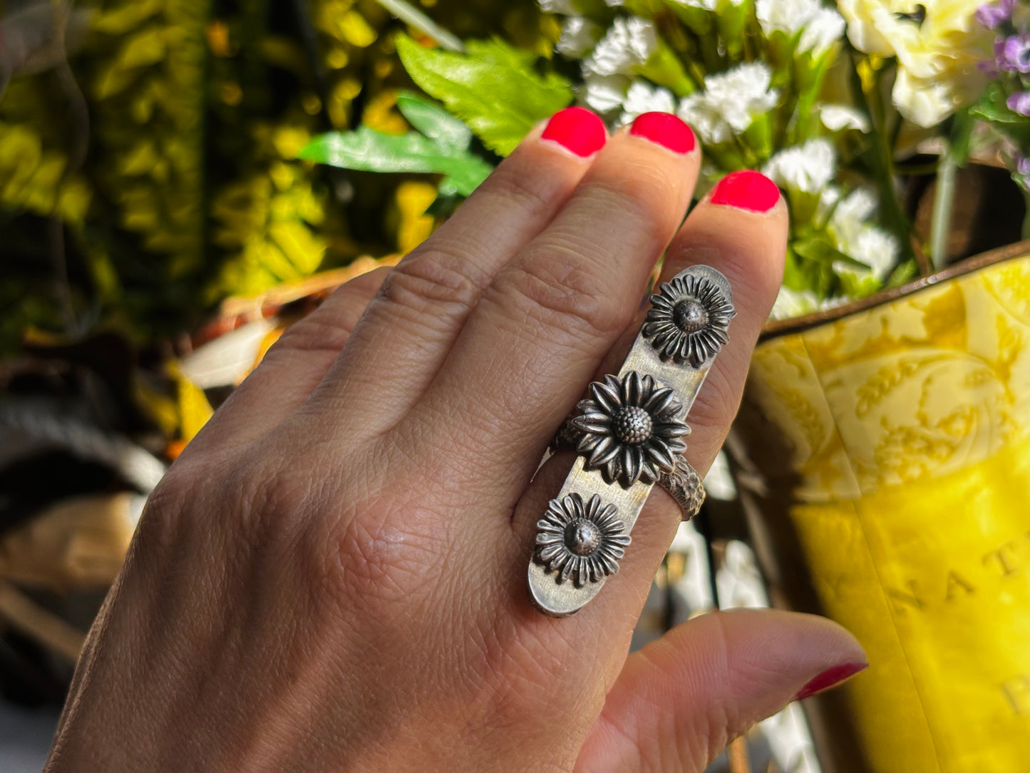 Sterling Silver Sunflower Hollow Box Form Shaker Adjustable Ring