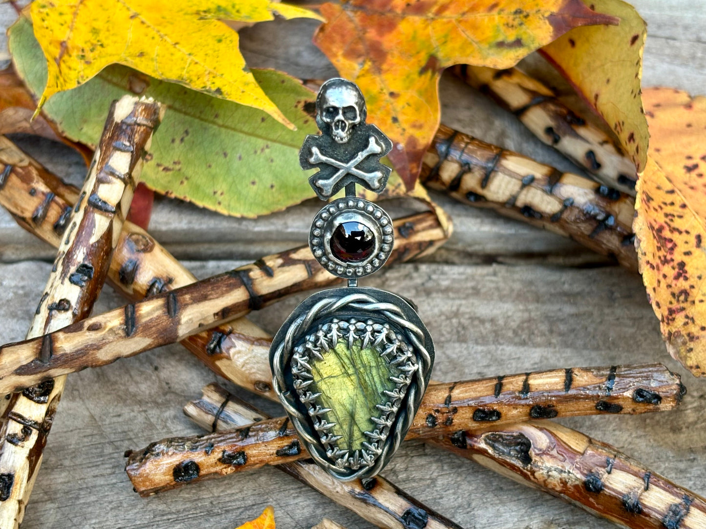 Halloween Sterling Silver with Copper Webbed Band Skull Crossbones Labradorite Garnet Ring