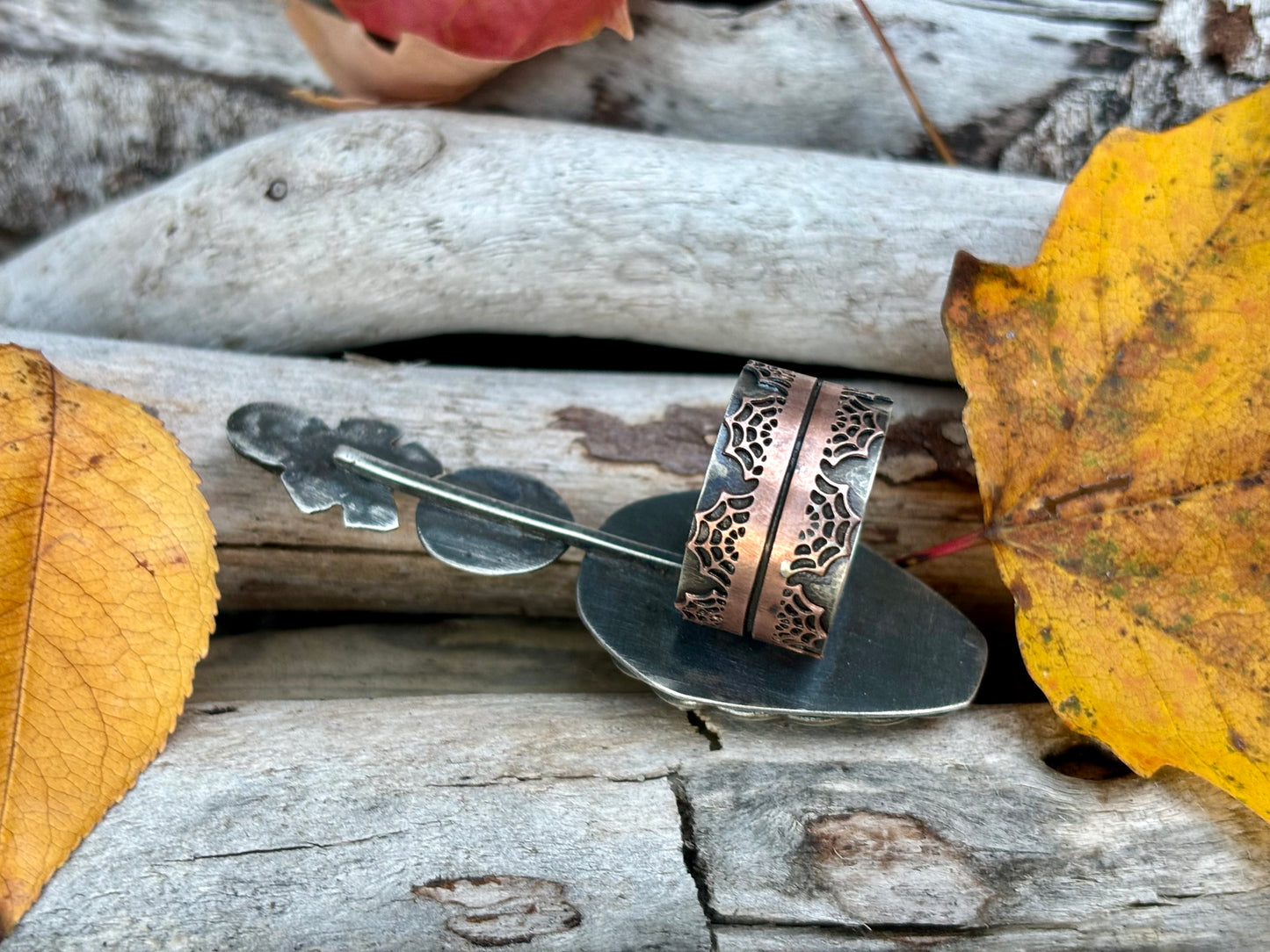 Halloween Sterling Silver with Copper Webbed Band Skull Crossbones Labradorite Garnet Ring