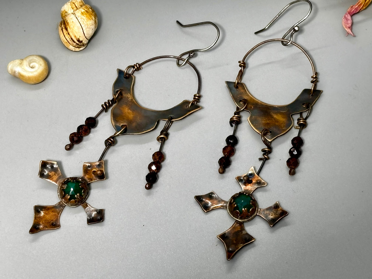 Green Chalcedony Garnet Cross Chandelier Earrings