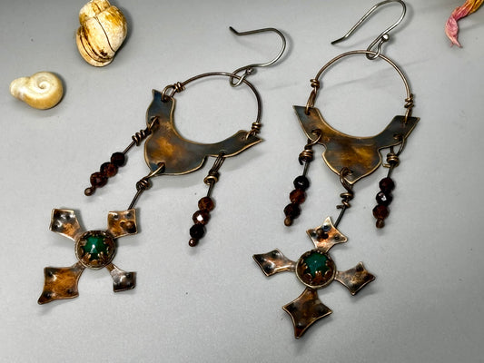 Green Chalcedony Garnet Cross Chandelier Earrings
